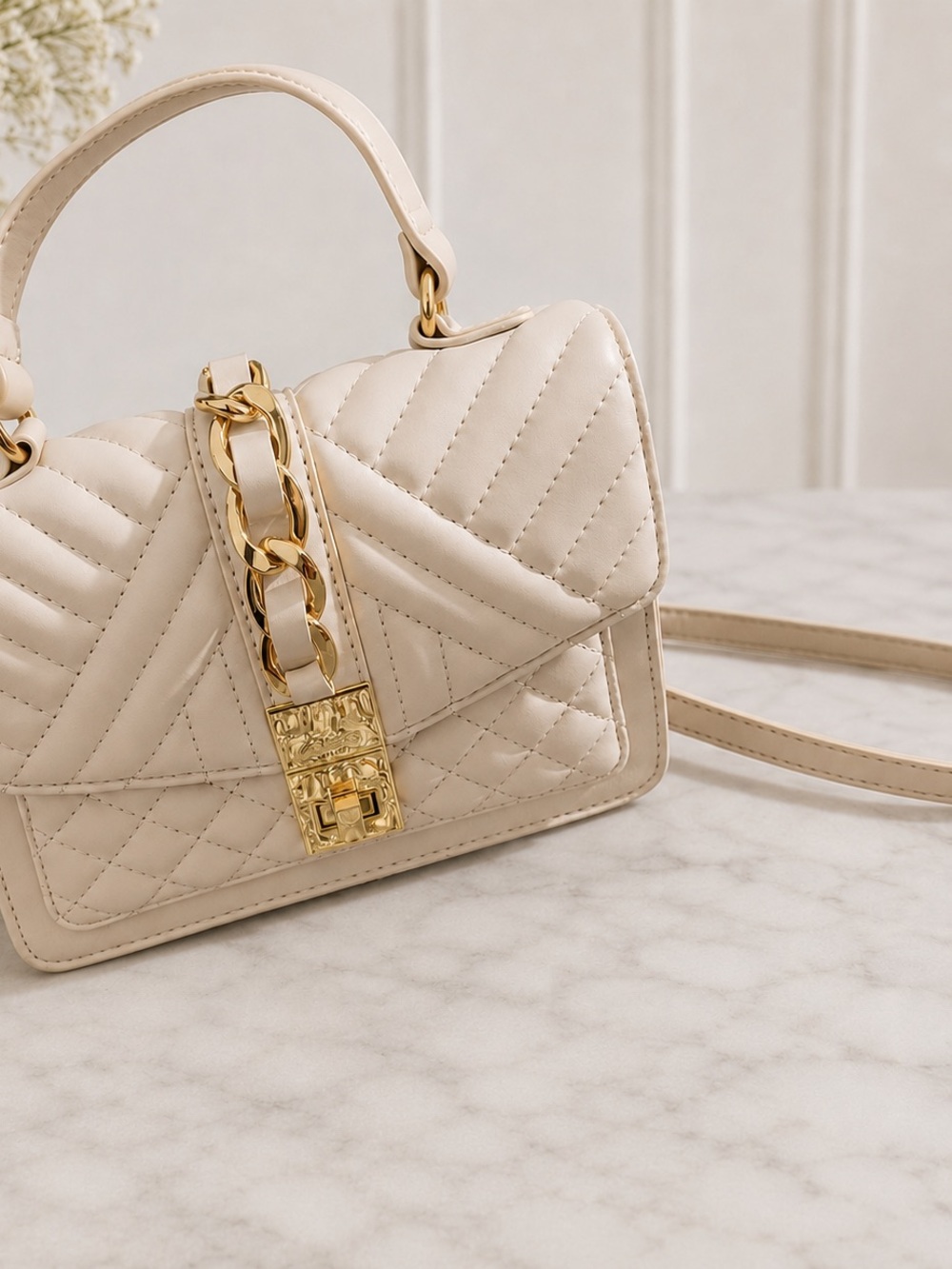Aldo Quilted Cream Satchel with Gold Chain Accent